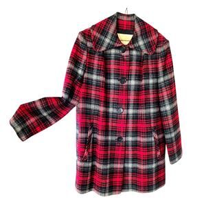 Vintage Pendleton 100% Tartan Plaid Wool Pea Coat in Women's Size M, Red & Black